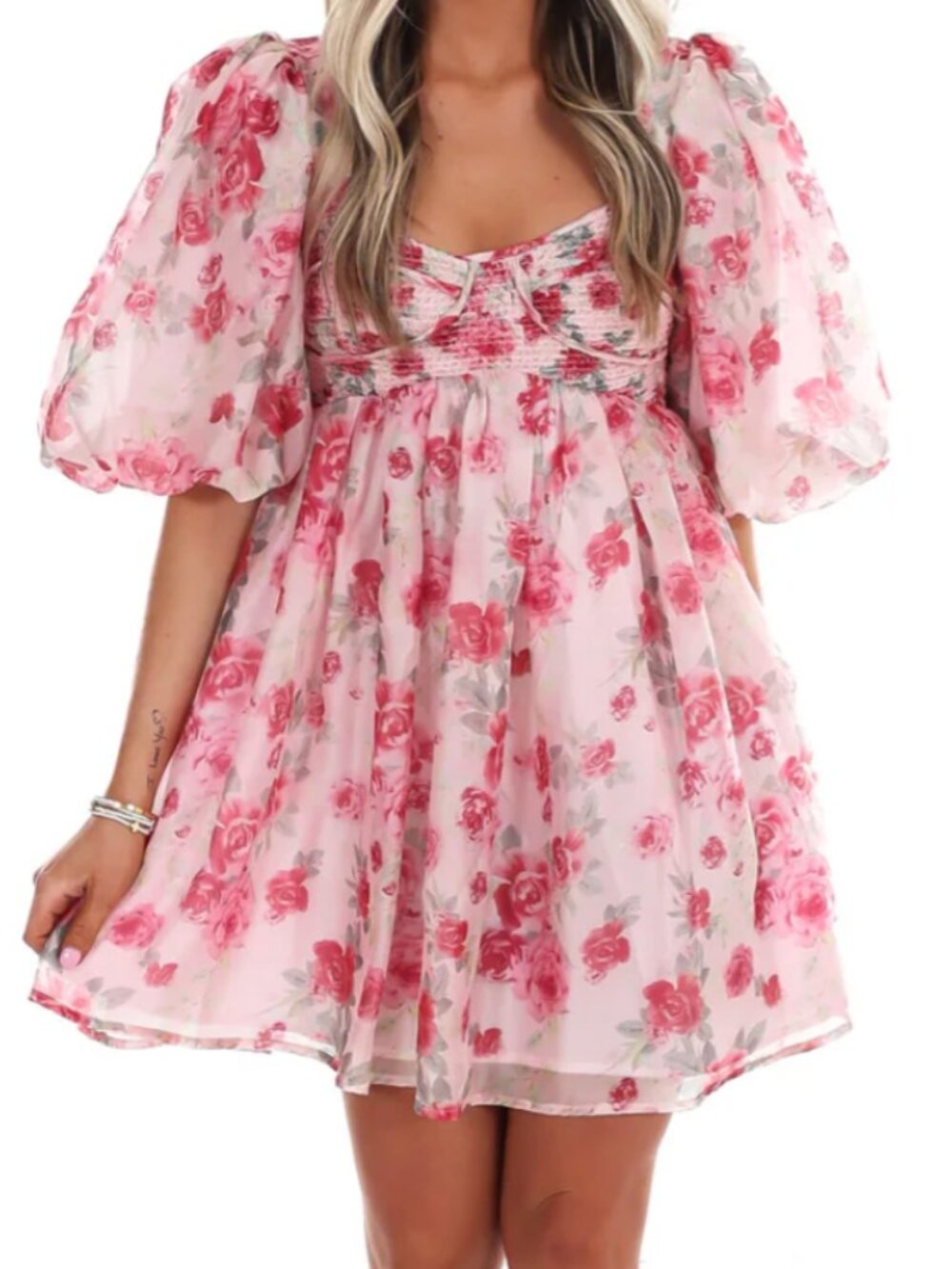Sofie The Label Sheer Pink Floral Puff Sleeve Mini Dress Size Large